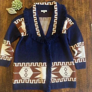 Cocogio | Open Front Wool Blend Cardigan w/Aztec Pattern & Fringe, made in Italy